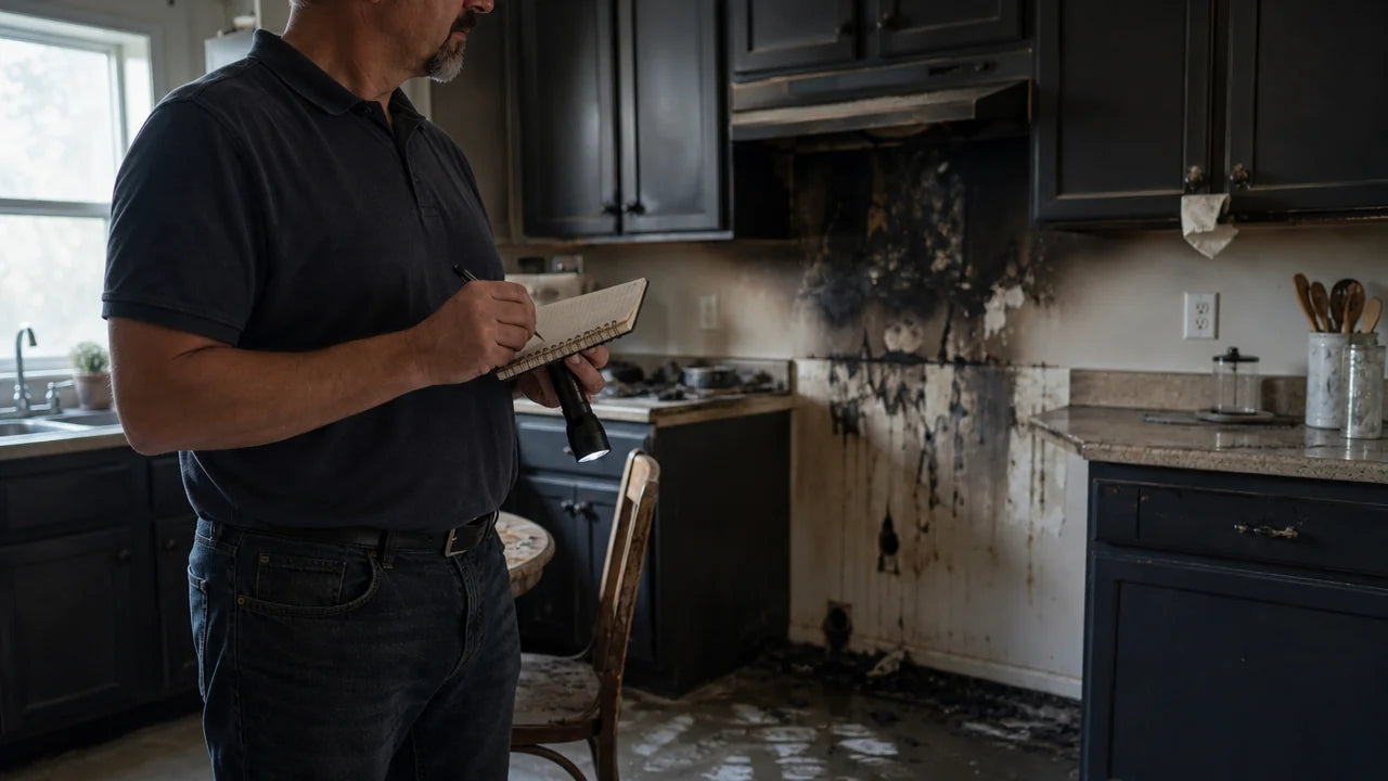 An insurance fire investigator in a navy windbreaker standing in front of soot-blackened residential kitchen cabinets the morning after a contained grease fire.