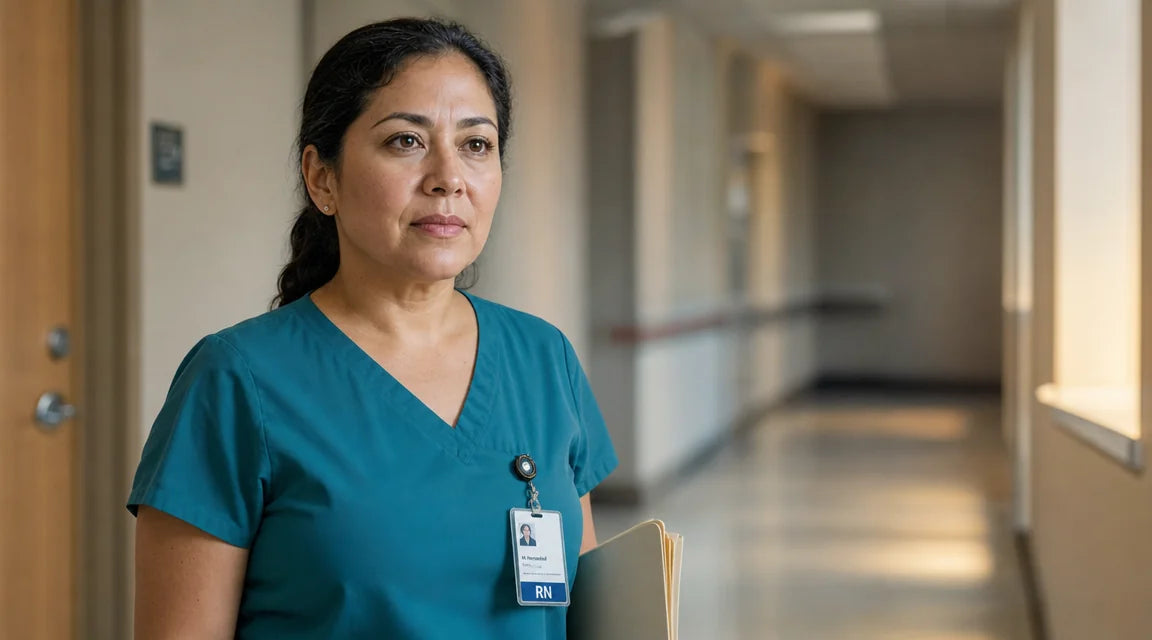 Editorial documentary portrait of a Latina woman in her mid-forties wearing teal hospital scrubs, standing in a hospital corridor.