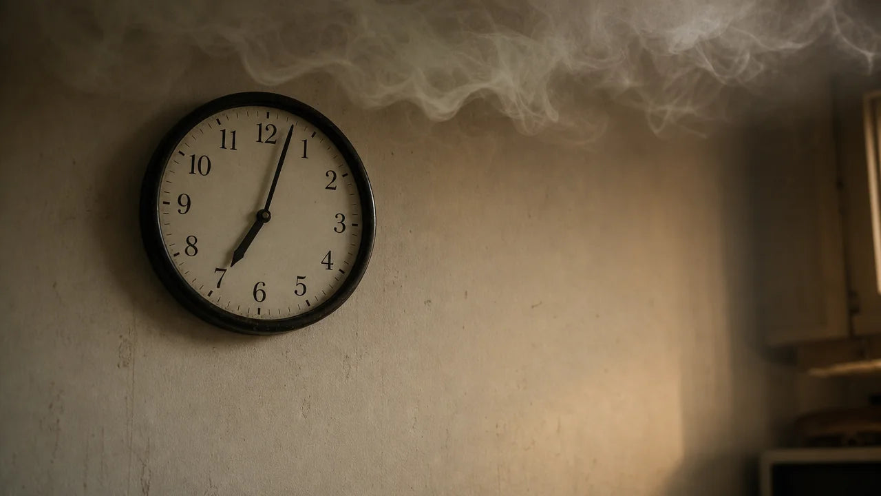 Inline image inside Reason 3 (the fabric hotels are required to have). A wall-mounted analog kitchen clock with warm orange amber light spilling from the right side of the frame — implying an unseen fire just out of view. Visualizes the time-window thesis from the lead: 'kitchens go from flame to engulfed in three minutes.'