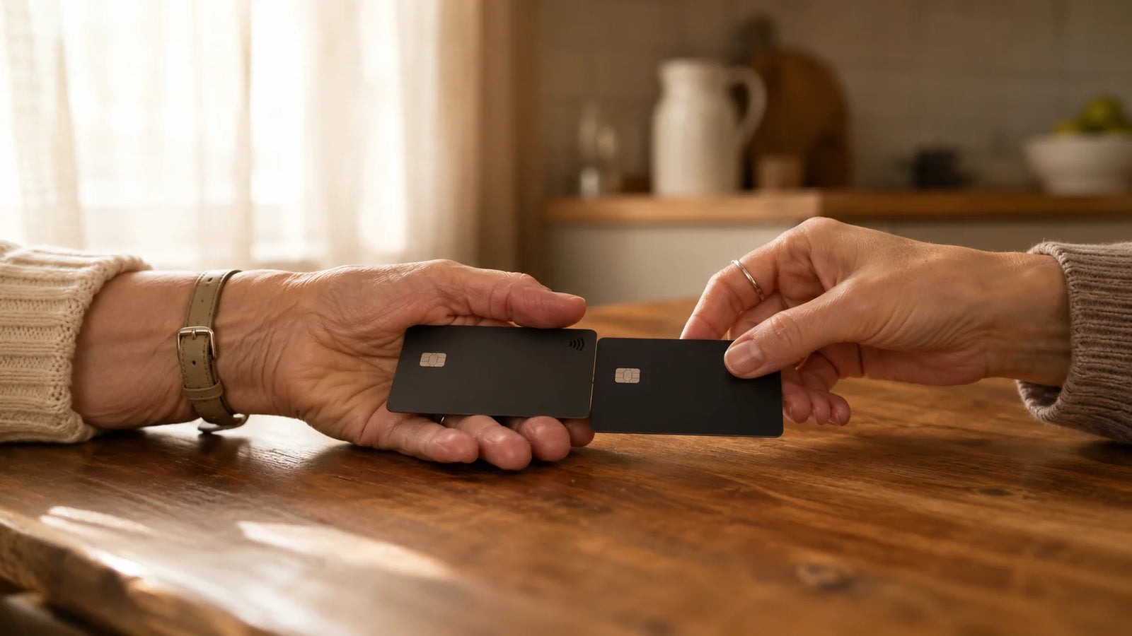 Two pairs of hands at a kitchen table — older woman's hand on the left holding a credit card, younger woman's hand on the right placing a thin dark card next to it, warm late-morning light