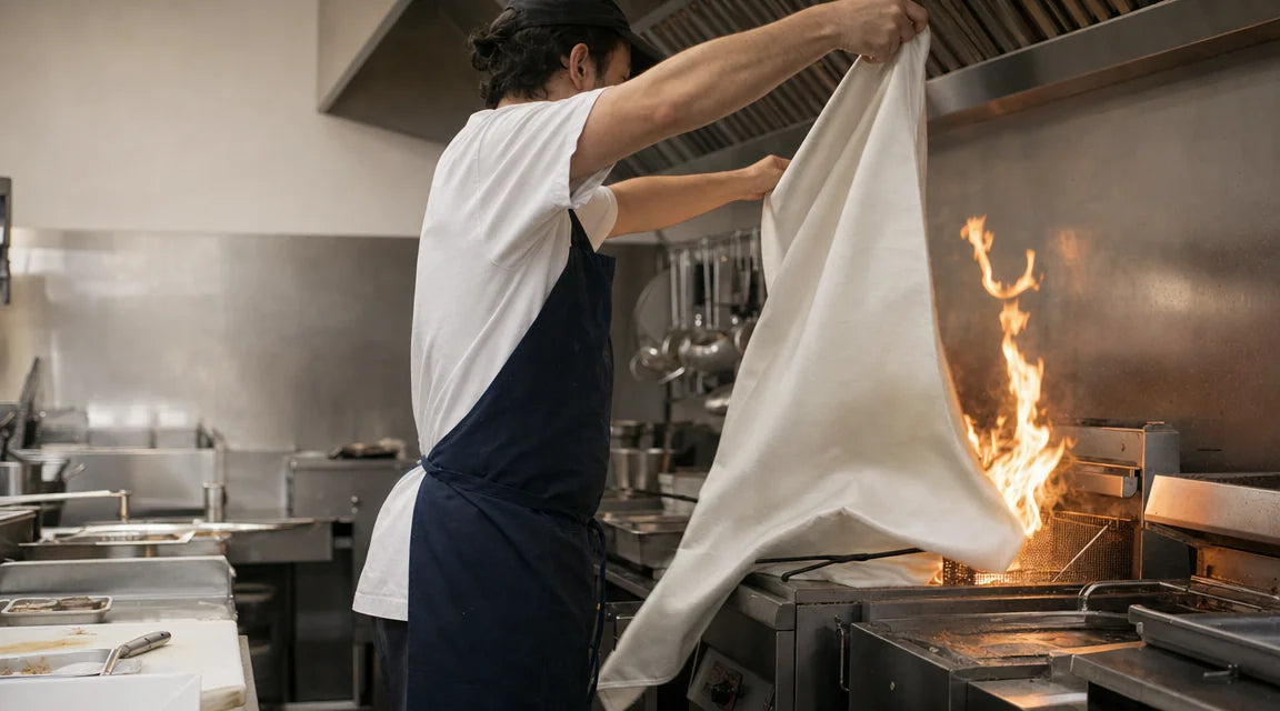 A line cook in a commercial barbecue kitchen mid-deploy with a folded square of woven fiberglass fabric over a deep fryer flame.