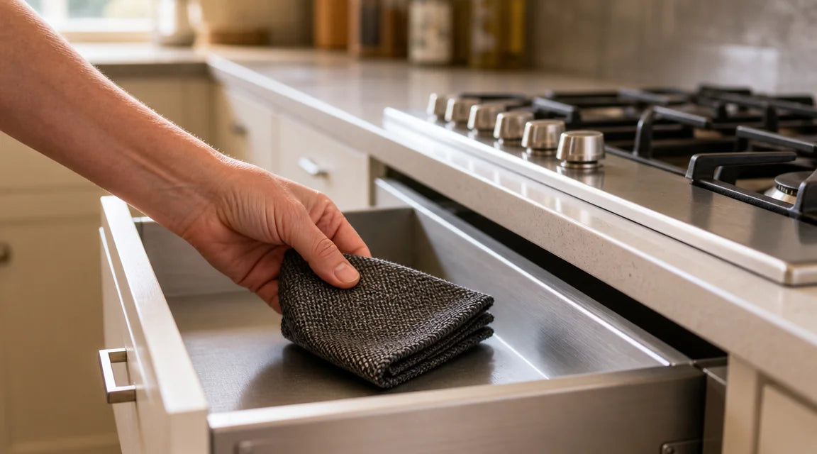 Inline image inside Reason 4 (works for 12 or 78). An American woman in her late seventies in her own kitchen, calm and composed, reaching toward a kitchen drawer beside the stove.