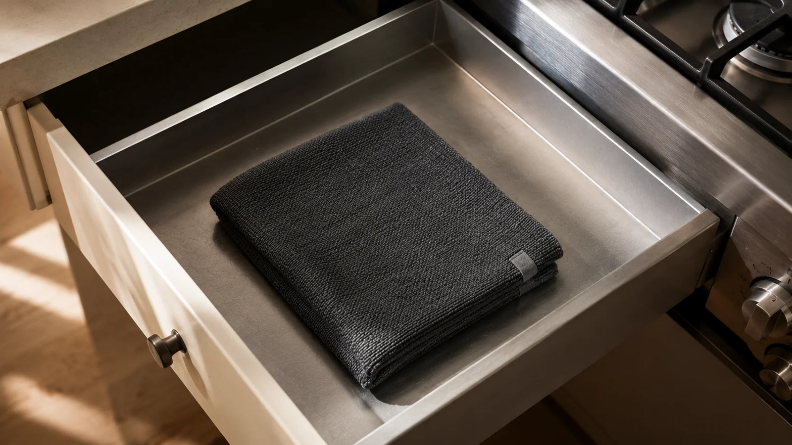 A folded charcoal-grey woven fiberglass fire blanket sitting in a partly-open kitchen drawer beside a gas stove. Top-down 3/4 angle, warm window light.