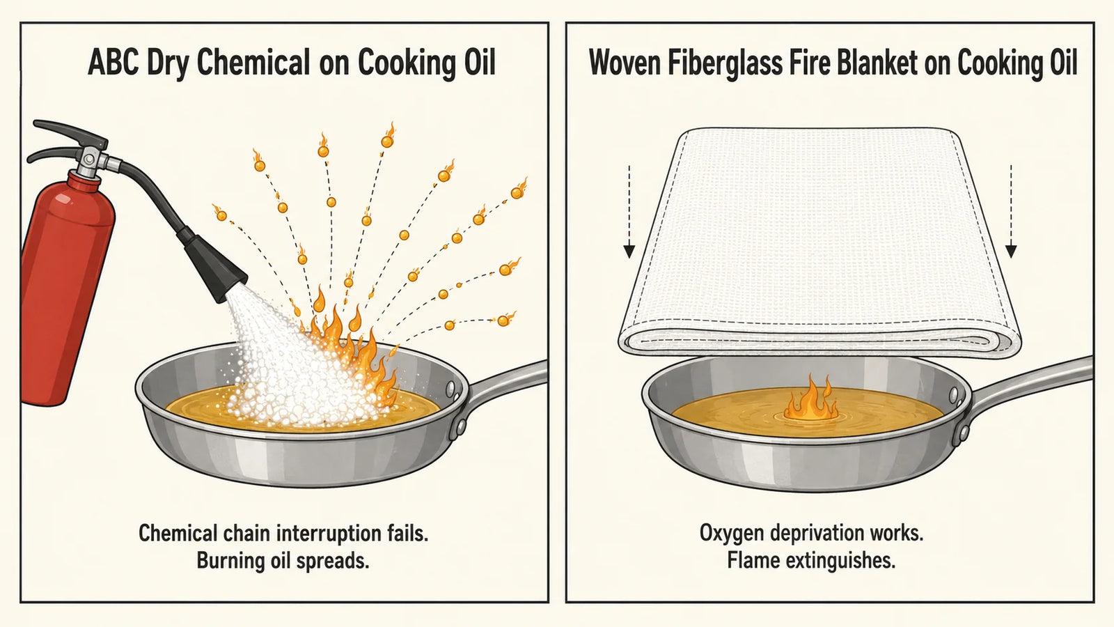 A two-panel infographic showing the same stovetop grease flame: left panel labeled ABC dry chemical with the fire spreading and droplets airborne; right panel labeled fire blanket with the flame smothered.