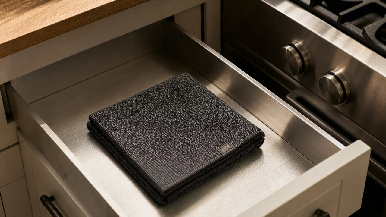 Inline image inside Reason 5 (product reveal + guarantee). A folded charcoal-grey woven fiberglass fire blanket sitting in a partly-open kitchen drawer beside a gas stove. The product is the subject.