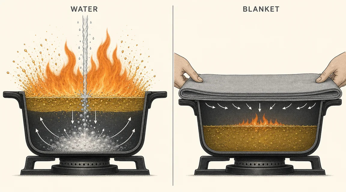 A clean two-panel editorial diagram. Left: water hitting burning oil with steam-expansion arrows propelling oil droplets outward. Right: a fire blanket smothering the pan with oxygen-cut arrows. Restrained color palette.