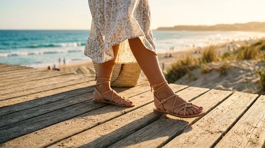 Sandals on a sunny boardwalk — what sandal season looks like when you're no longer hiding