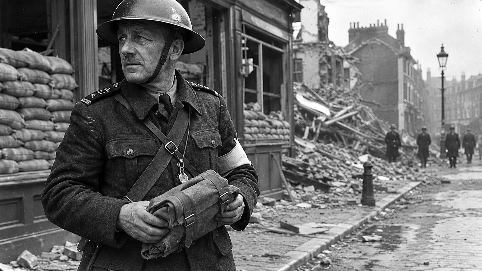 A black-and-white archival photograph of a British civil defense fire warden during the London Blitz, circa 1941, holding a folded blanket.