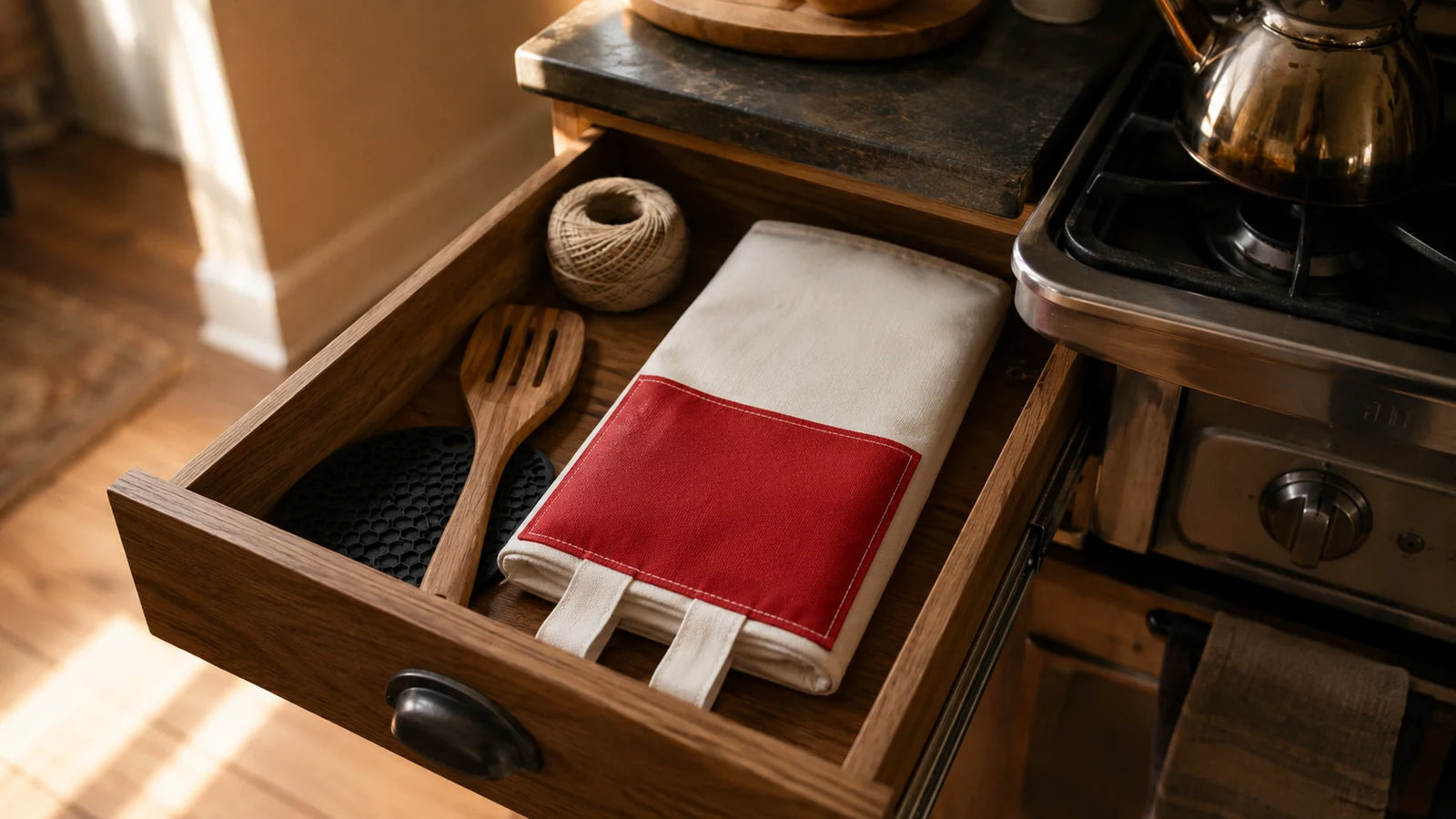 An open kitchen drawer beside a stove, holding a folded square of charcoal-grey woven fiberglass fabric labeled Prepared Hero.