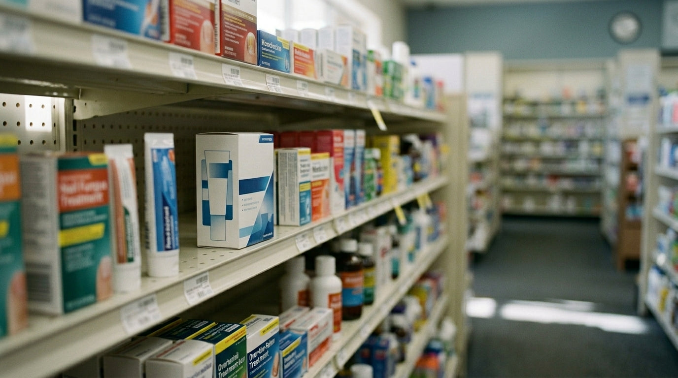 A nail-fungus OTC box sitting on a US pharmacy shelf, photographed in natural daylight