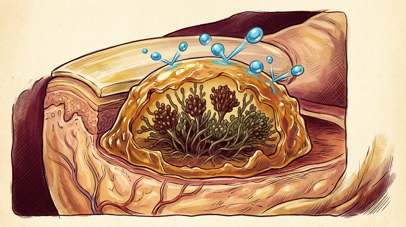 Scientific illustration of fungal biofilm under a toenail, showing a translucent fortress-like matrix shielding a fungal colony from an applied compound