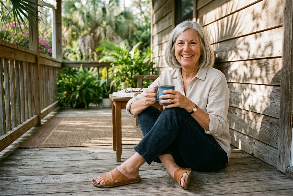 A woman in her early sixties sitting on a sunlit wooden porch, wearing open-toe sandals, softly smiling, holding a coffee mug