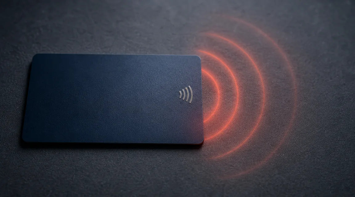 Macro photograph of a tap-to-pay credit card with a soft red radio-wave halo radiating from its NFC antenna icon