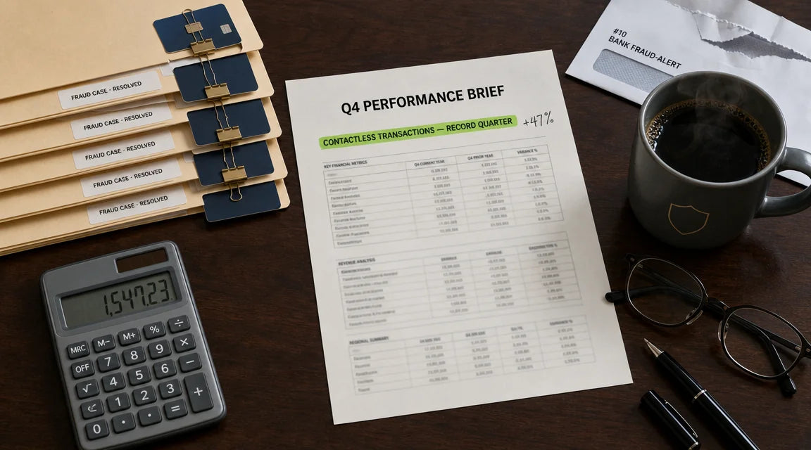 Top-down forensic still-life on a dark-mahogany executive desk — a printed 'Q4 PERFORMANCE BRIEF' page with the line 'CONTACTLESS TRANSACTIONS — RECORD QUARTER' highlighted in green plus a +47% annotation; beside it a stack of five manila folders each labeled 'FRAUD CASE · RESOLVED' with generic dark-navy credit cards paper-clipped to them; a desk calculator displaying $1,547.23; a charcoal coffee mug with a generic shield logo; reading glasses, a black ballpoint pen, and the corner of an opened bank fraud-alert envelope