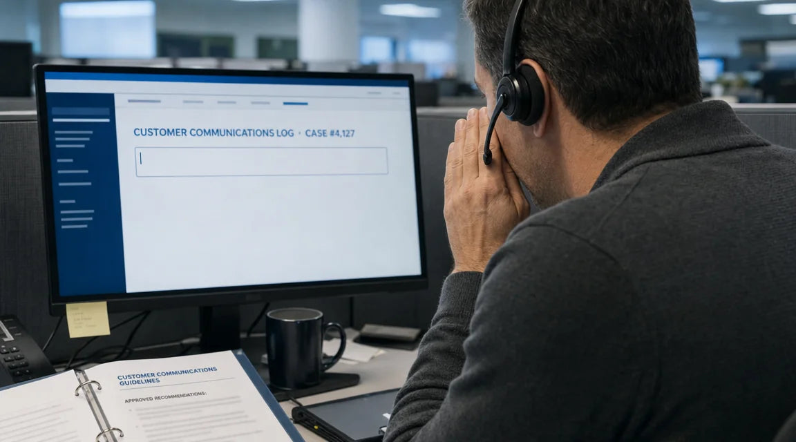 Side-angle editorial photograph of a bank fraud-prevention worker at a corporate cubicle leaning forward toward the headset microphone with one hand cupped beside the mouth in a whispering posture; foreground monitor shows a customer-communications log with an empty case-notes field and blinking cursor — the off-the-record recommendation that cannot be documented
