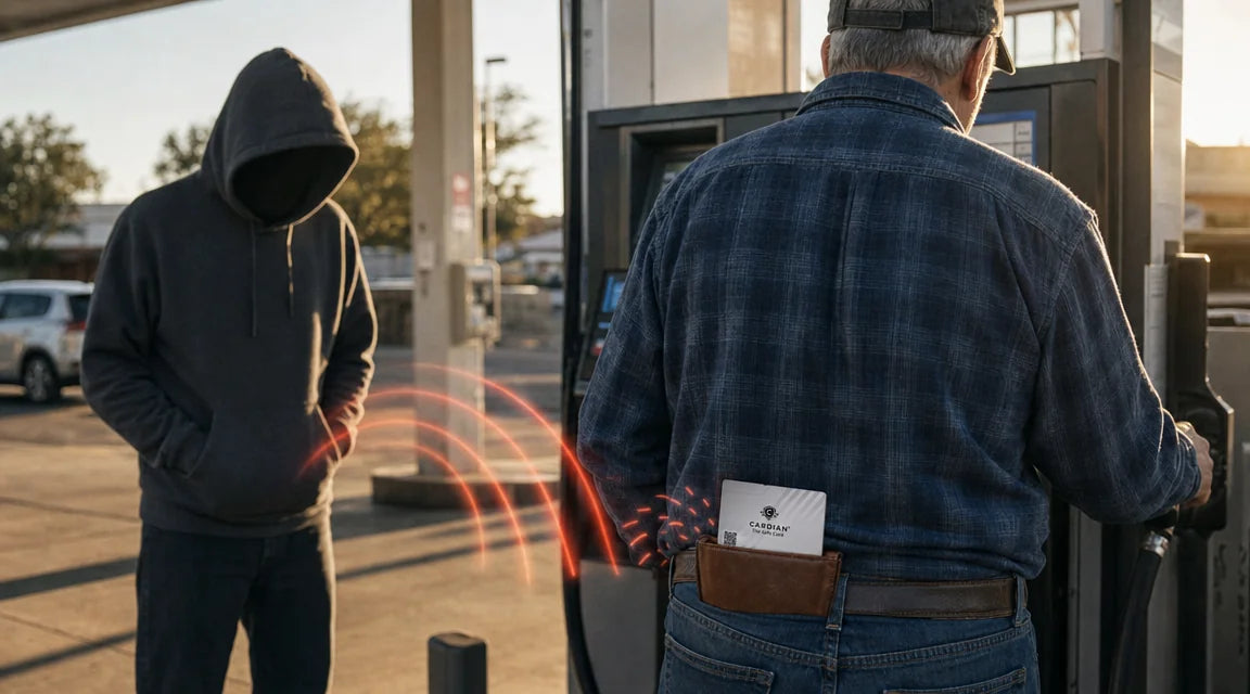 Gas-pump scene — older man in flannel and ball cap at the pump terminal with his Cardian card (white-and-grey-striped, black shield logo, QR code) tucked into his back-pocket wallet; hooded figure 4 feet to his left broadcasts a red NFC scan halo from a hoodie pocket toward the wallet, but the halo visibly scatters and fragments at the wallet edge — Cardian stops the signal dead, no rays emerging on the far side