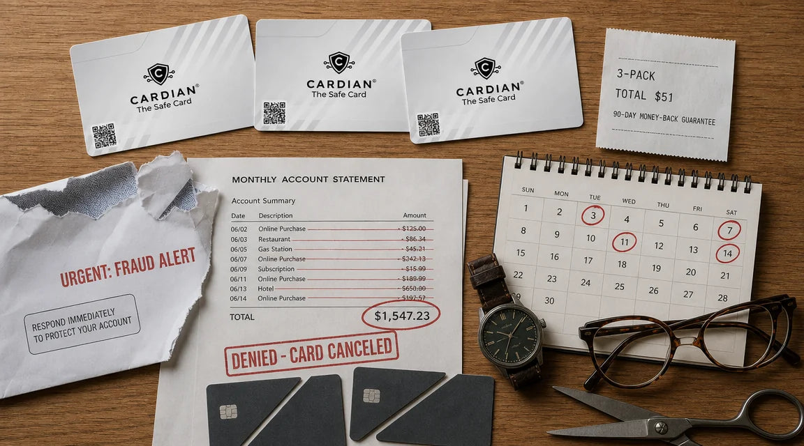 Forensic split-frame on a continuous warm oak kitchen table — top half: three white-and-grey-striped Cardian cards (each showing the black shield logo, CARDIAN wordmark, 'The Safe Card' tagline, and QR code with customer-service text) laid out beside a printed receipt reading '3-PACK · TOTAL $60.00 · 90-DAY MONEY-BACK GUARANTEE'; bottom half: torn-open bank fraud-alert envelope, monthly statement with transaction lines slashed in red ink totaling '$1,547.23' with 'DENIED · CARD CANCELED' red stamp, calendar with four dates circled red, Timex watch, reading glasses, cut-up generic credit cards — the asymmetric cost of $60 vs $1,547 shown at one glance