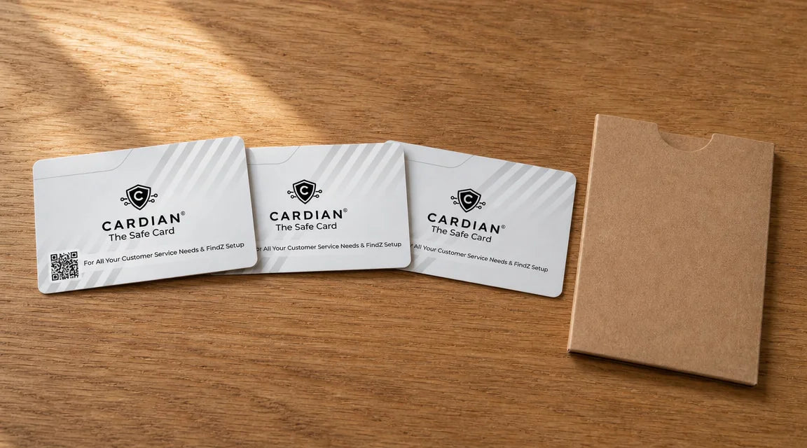 Cardian — white card with subtle grey diagonal stripes, black stylized C shield logo, CARDIAN wordmark with The Safe Card tagline, and a QR code in the lower left