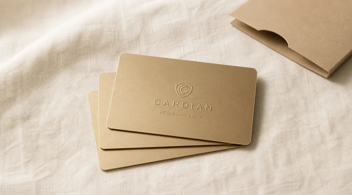 Three Cardian RFID-blocking cards spread on a cream linen tablecloth, kraft-paper sleeve in upper right — the 3-pack the merchant ships as default.