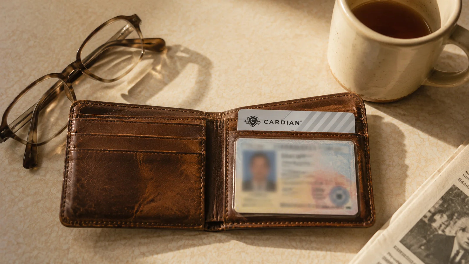 Tight overhead close-crop of an older woman's worn brown leather bifold wallet opened flat on a warm cream Formica kitchen counter; a driver's license front-facing in the front clear sleeve with the face blurred, and tucked behind it a single Cardian card with only the top portion showing the black shield logo, the start of the CARDIAN wordmark, and the grey diagonal stripe pattern; folded reading glasses, a half-empty cream ceramic mug of cool tea, and the edge of a folded newspaper beside the wallet