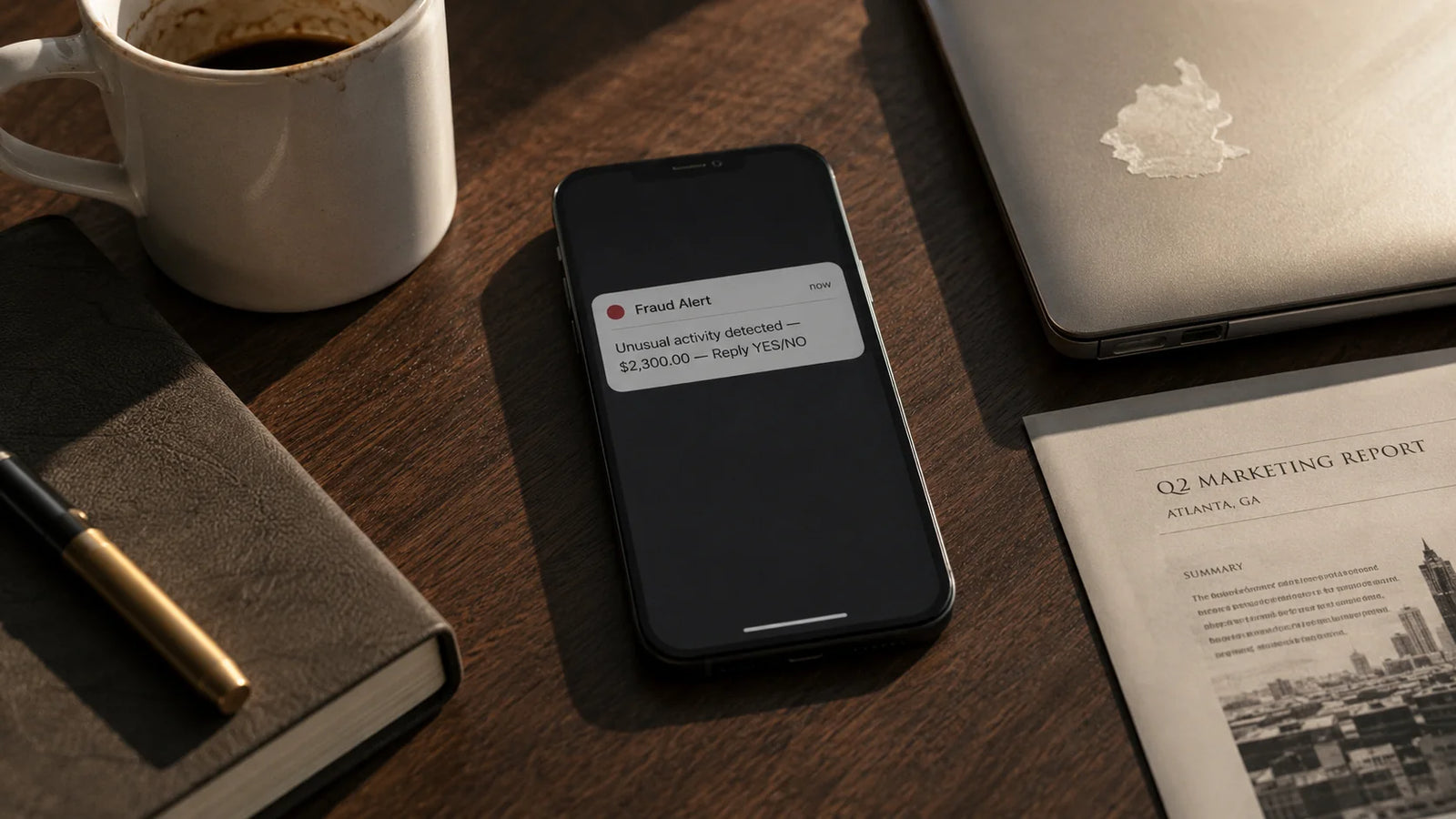 A smartphone face-up on a walnut desk in Atlanta on a Wednesday afternoon, displaying a bank fraud-alert push notification reading 'Unusual activity detected — $2,300.00 — Reply YES/NO'. The alert badge dot glows muted oxblood. Beside the phone: a half-drunk white ceramic coffee mug, a closed silver laptop, a leather-bound notebook with a pen across it. Late afternoon warm window light from upper-right.