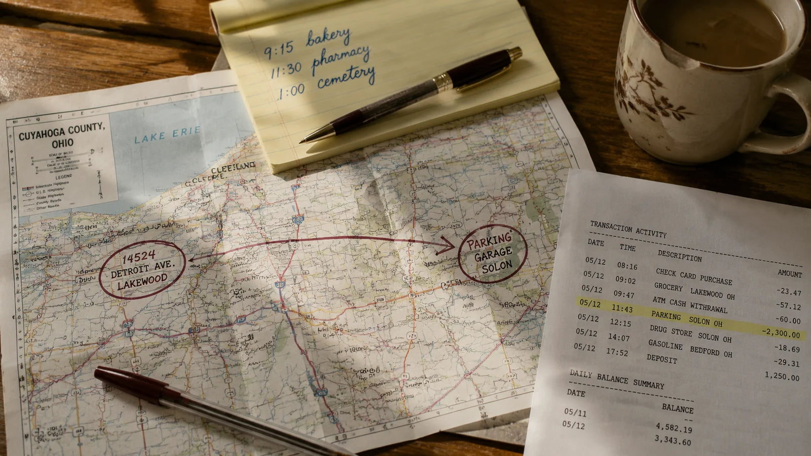 Overhead still life on a worn maple kitchen table: a folded paper road map of Cuyahoga County, Ohio with Lakewood and Solon both circled in oxblood ink and connected by a thin arrow; beside the map, a printed bank transaction statement with one line highlighted in pale yellow marker, and a yellow legal pad with handwritten timestamps in blue ballpoint