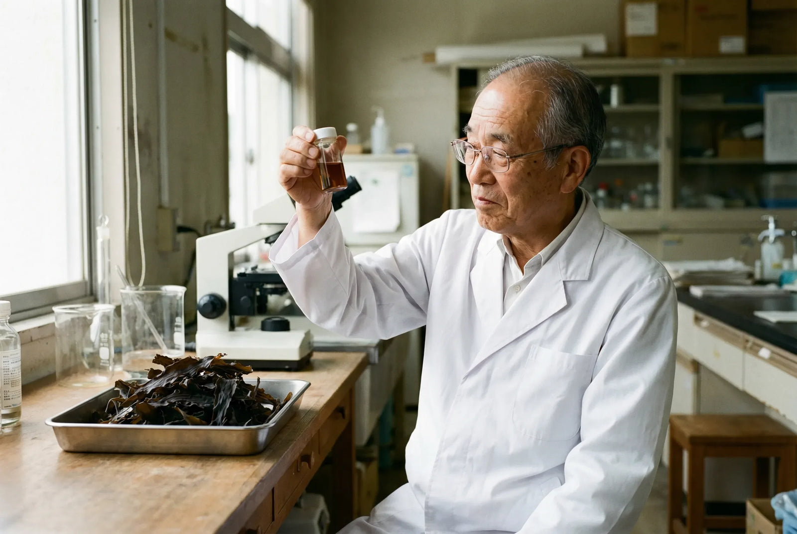 Doctor in white coat examining nail care products in a bright room.