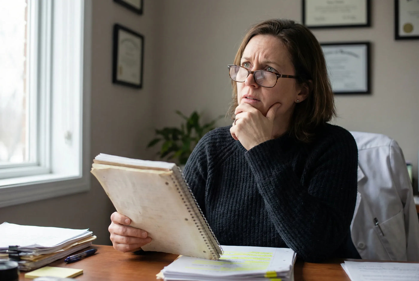 Researcher reading documents – editorial close-up.