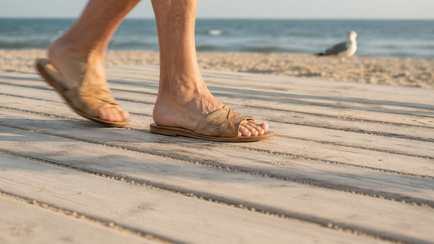 Pair of feet in summer sandals on a beach, bright daylight, candid lifestyle framing