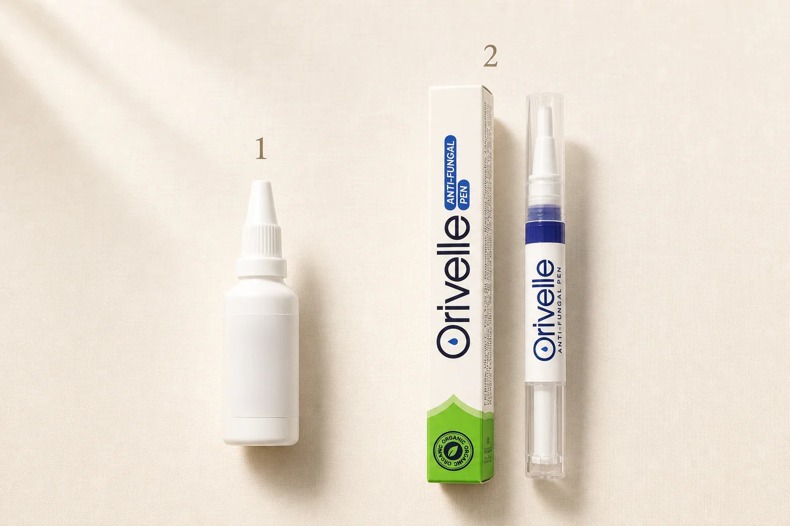 Editorial side-by-side product photograph showing a generic white drugstore antifungal squeeze bottle on the left and the Orivelle Antifungal Pen with its green-and-white box on the right, on a warm cream surface.