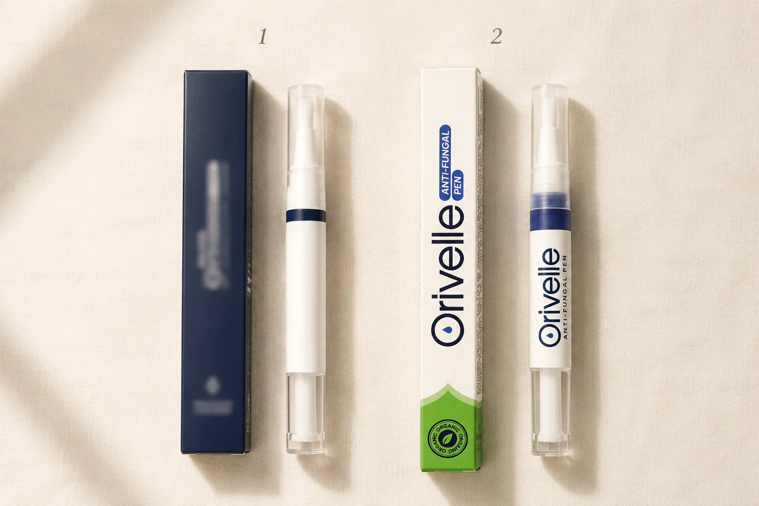 Editorial side-by-side product photograph showing the Lunavia Antifungal Pen with its box on the left and the Orivelle Antifungal Pen with its green-and-white box on the right, on a warm cream linen surface.