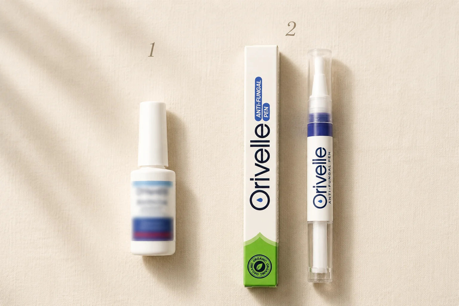 Editorial side-by-side product photograph showing a generic drugstore antifungal product on the left and the Orivelle Antifungal Pen with its green-and-white box on the right, on a warm cream linen surface.