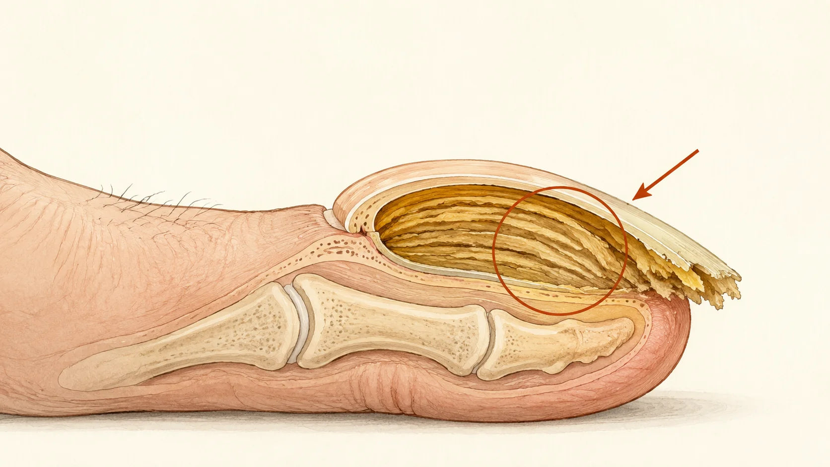 Editorial anatomical cross-section illustration showing the side profile of a big toe with a dramatic layered yellow-brown keratin buildup beneath the nail plate, highlighted by a red circle and arrow.