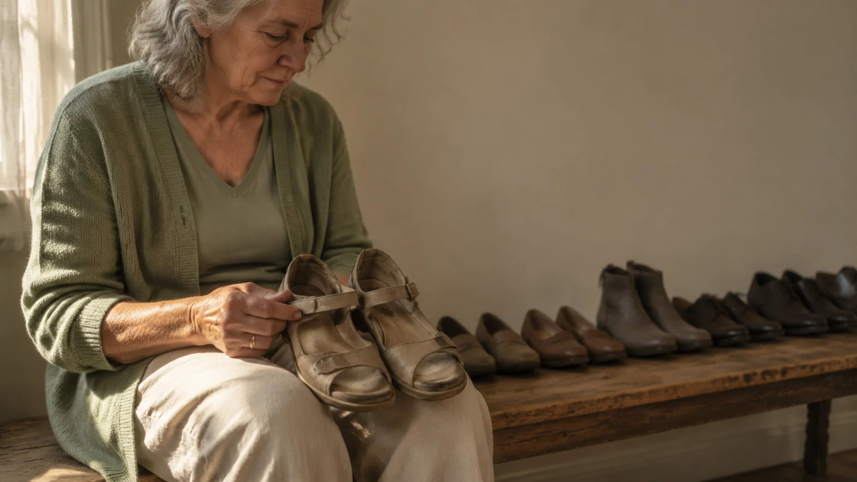 Editorial portrait of an older woman in her late 60s holding a pair of well-worn closed-toe shoes she's switched to, soft late-afternoon daylight, candid lifestyle framing