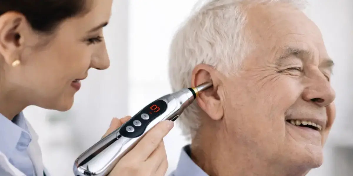 My dad — the first person to ever try it. Held behind the ear, 60 seconds, the first quiet he'd had in twelve years.