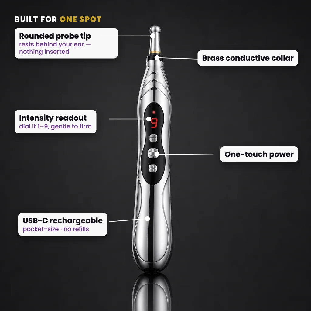 Tinnito features: probe tip, brass collar, intensity readout 1 to 9, one-touch power, USB-C rechargeable