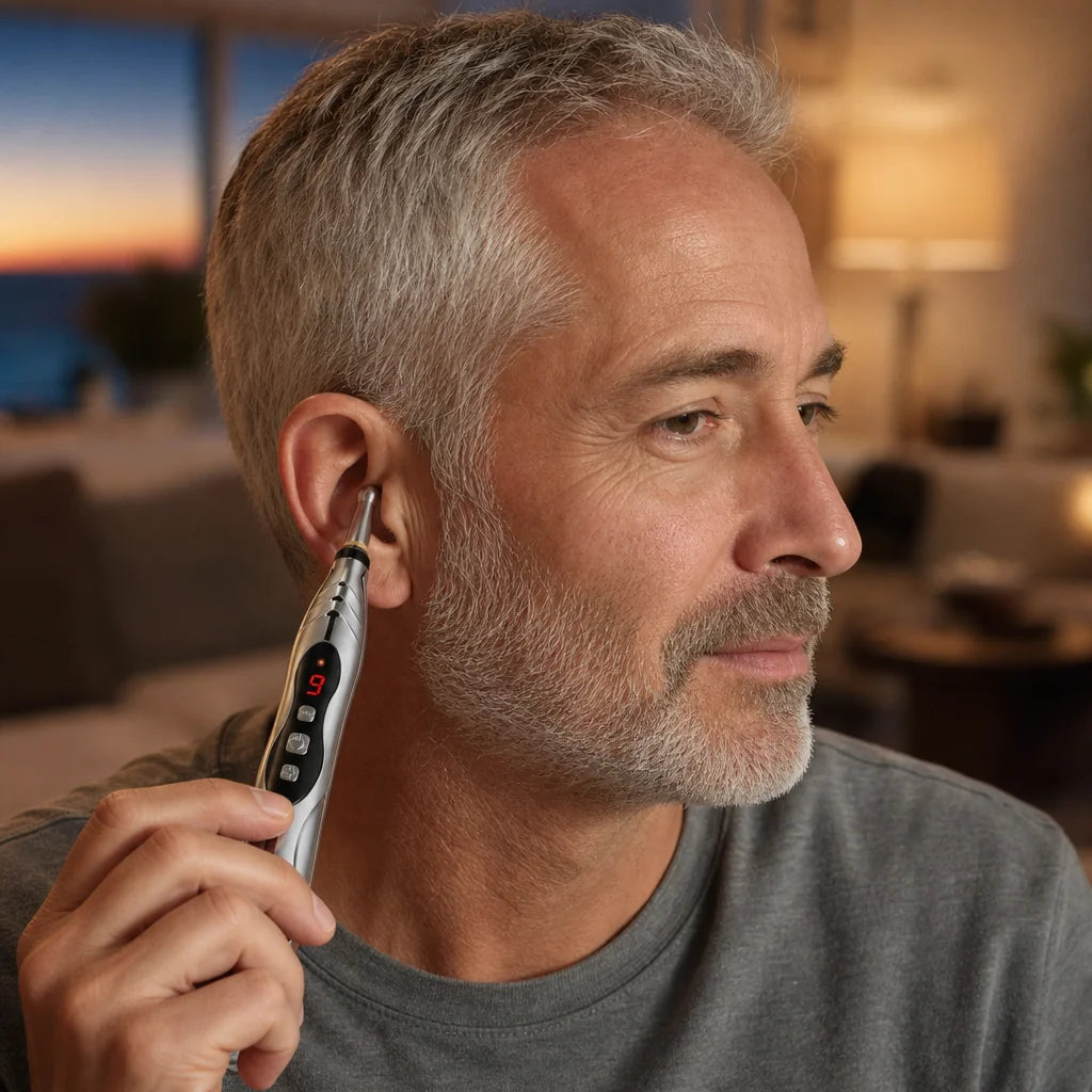 A senior man holding the Tinnito pen to the spot behind his ear