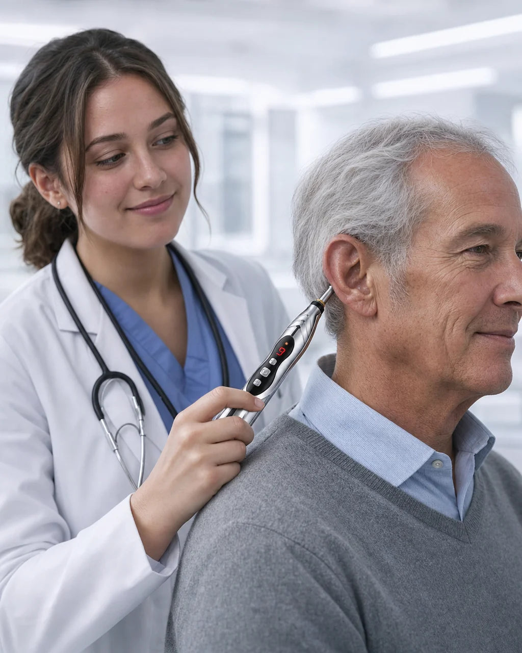 Dr. Emily Carter, audiologist, using the device behind a patient's ear