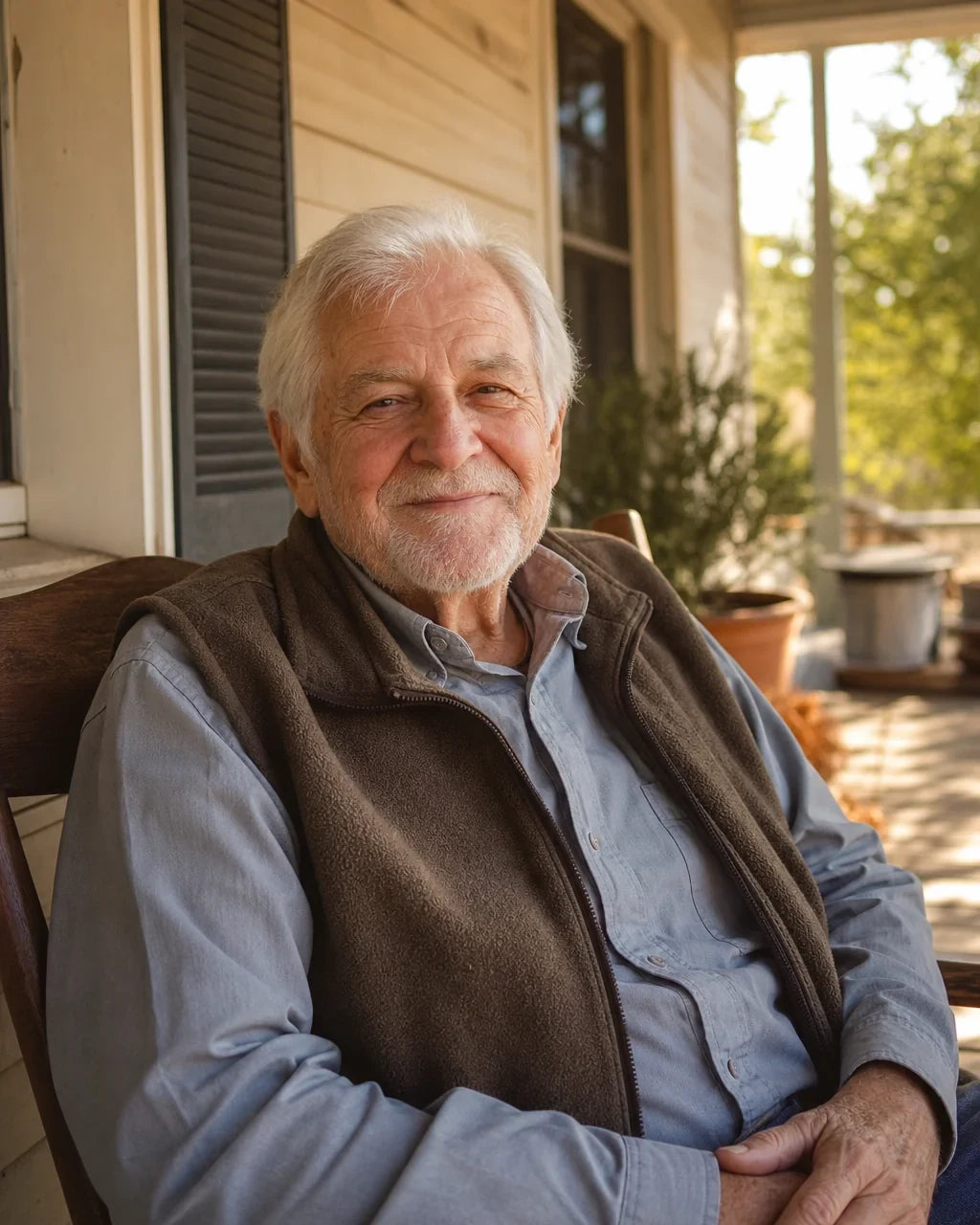 An older man relaxed on his porch at dusk, the ringing finally quiet