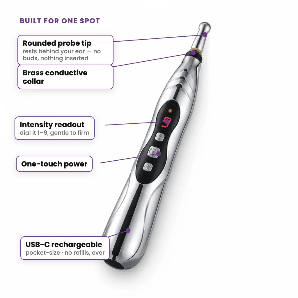 Tinnito features: probe tip, intensity readout 1 to 9, one-touch power, USB-C rechargeable