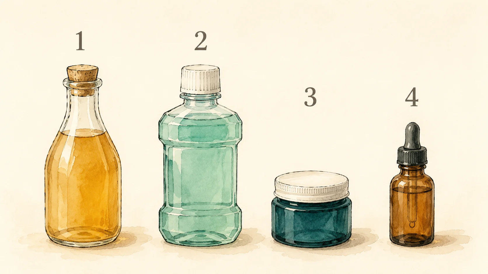Editorial watercolor flat-lay illustration of four DIY toenail-fungus remedies in a row on a warm cream surface — vinegar bottle, mouthwash bottle, vapor rub jar, amber tea tree oil dropper — labeled 1 through 4 in soft taupe numerals.