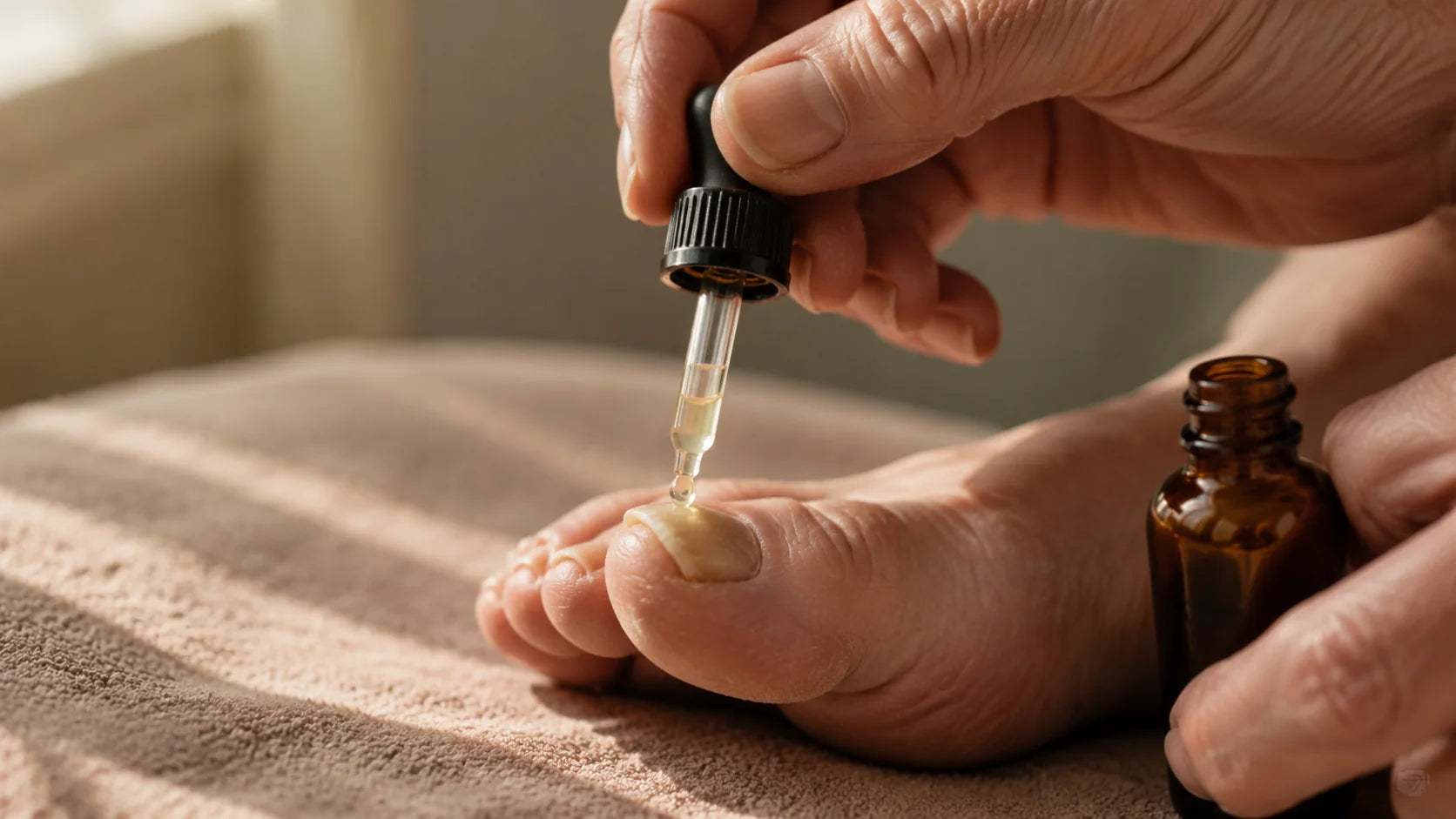 Editorial documentary photograph of an older person's hand carefully applying liquid from a small amber dropper bottle onto a thickened big toenail, soft natural daylight, candid lifestyle framing.